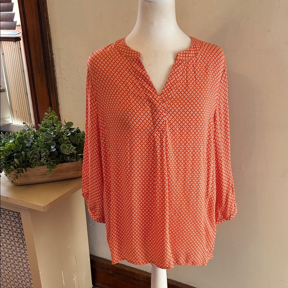 Kenar Women's Orange Printed Split-Neck Long sleeve Blouse Size S EUC